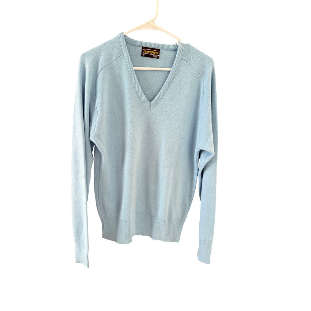 Vintage Sears Sportswear Mens V-Neck Sweater Baby Blue Knit Raglan Size M